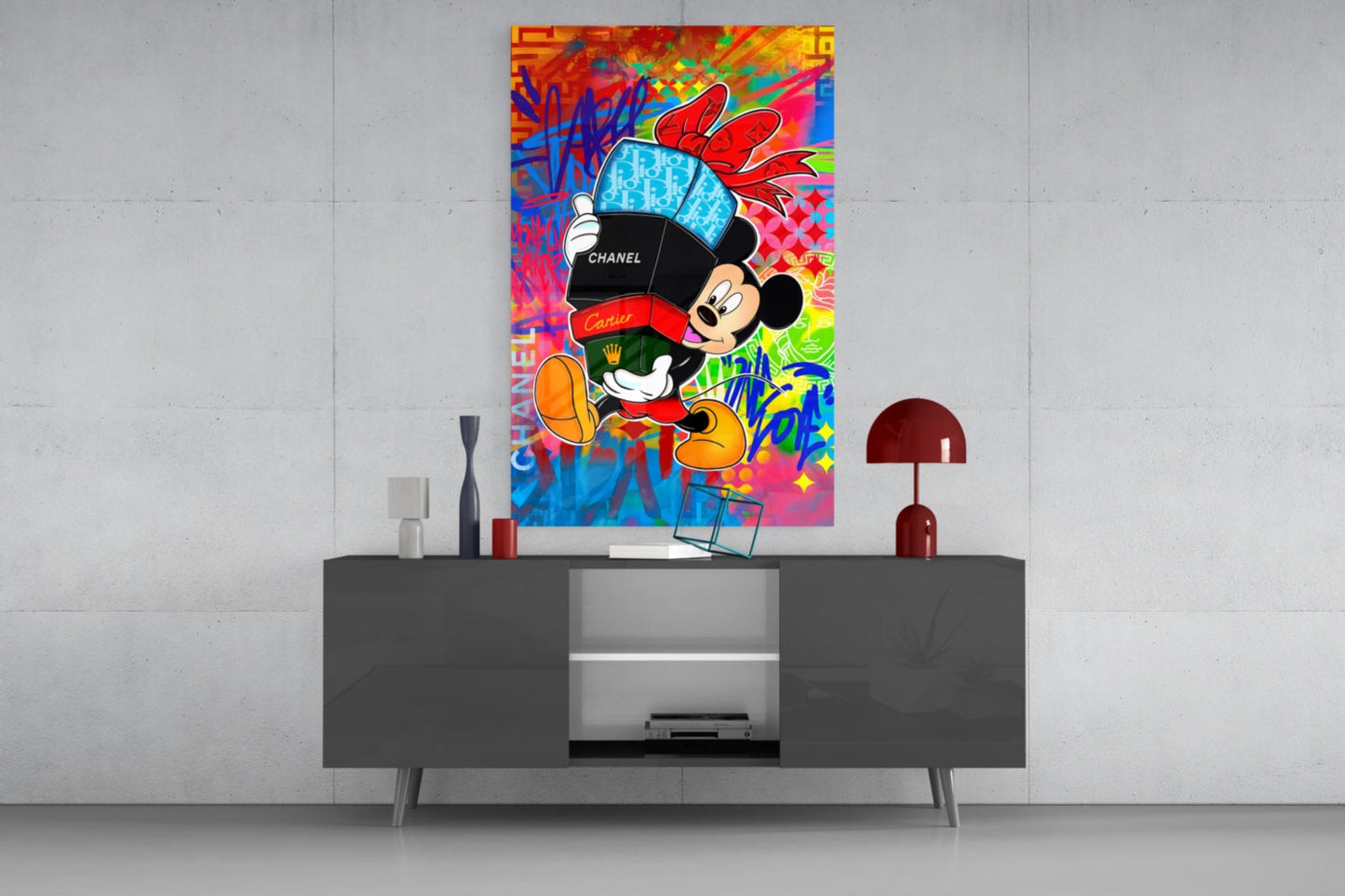 Mickey in the World of Brands Glass Wall Art || Designer Collection