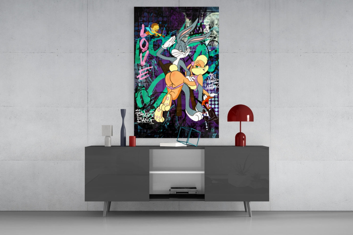 Bugs and Lola: The Graffiti Dance of Love Glass Wall Art || Designer Collection