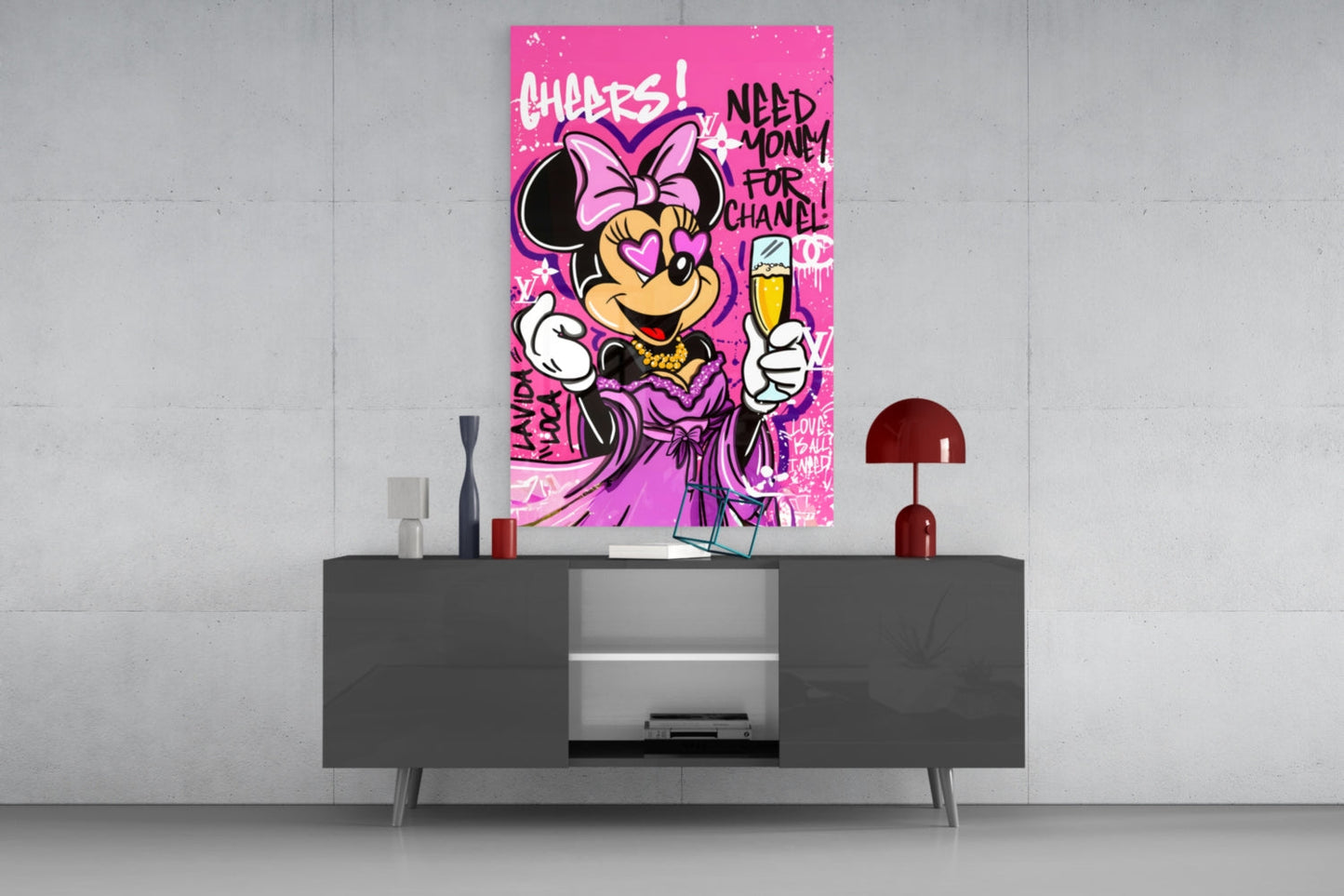 Minnie and Champagne (Glass Wall Art)