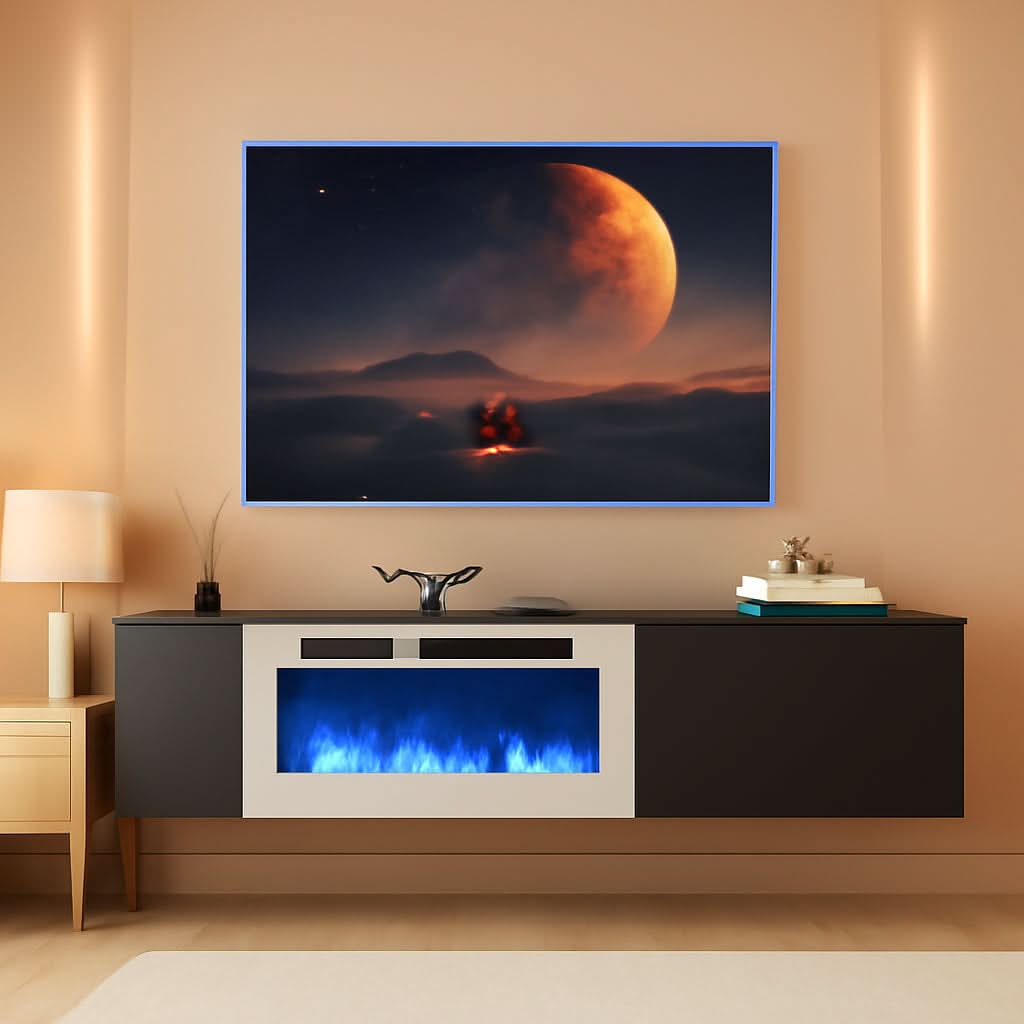 Black & White: Floating TV Entertainment Console With Fireplace (80")