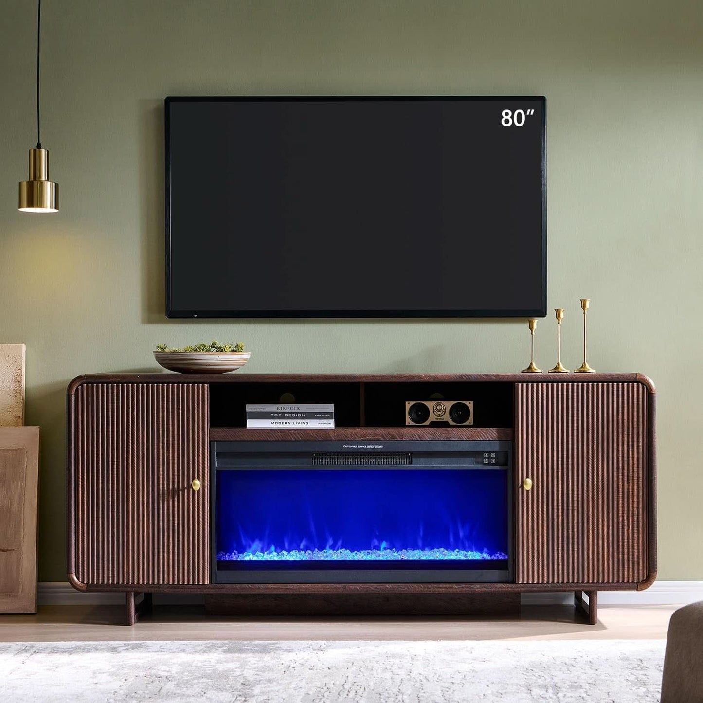Seventy Inch Brown Entertainment Center Fireplace TV Console