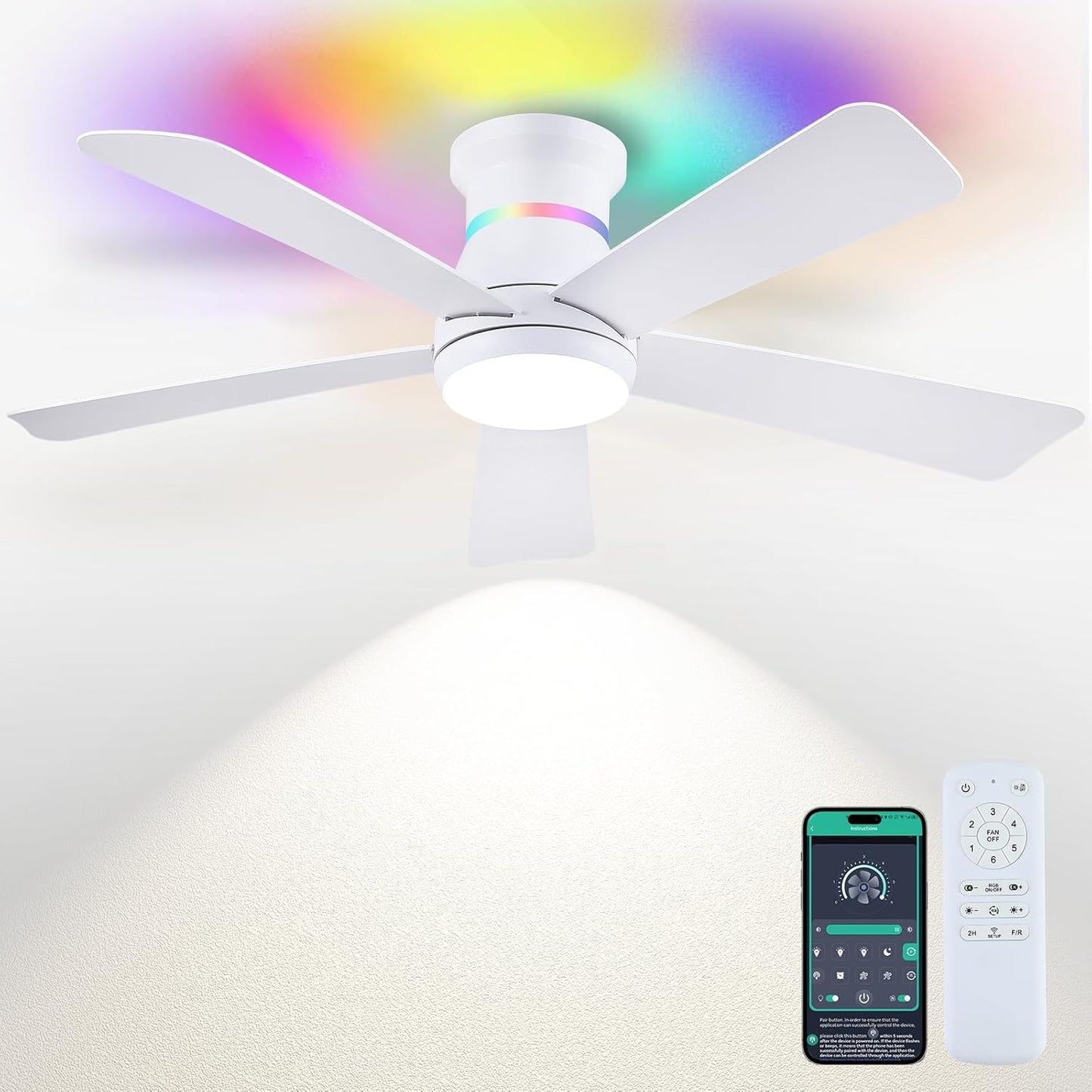 46Inch White Flush Mount Ceiling Fan RGB Lighting Pro