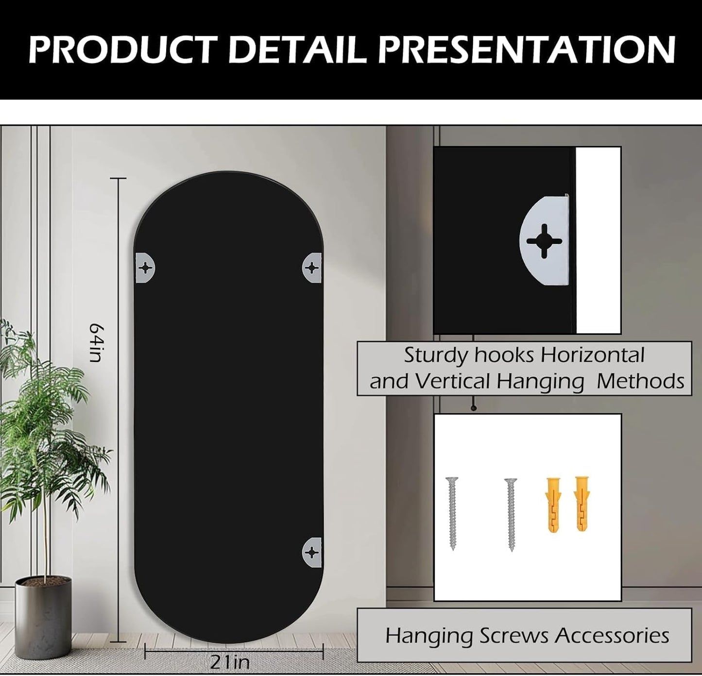 Architectural Arched Full Length Mirror 64x21 Inches Black