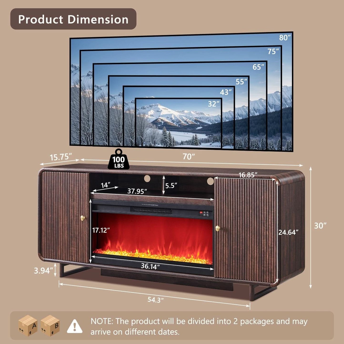 Seventy Inch Brown Entertainment Center Fireplace TV Console