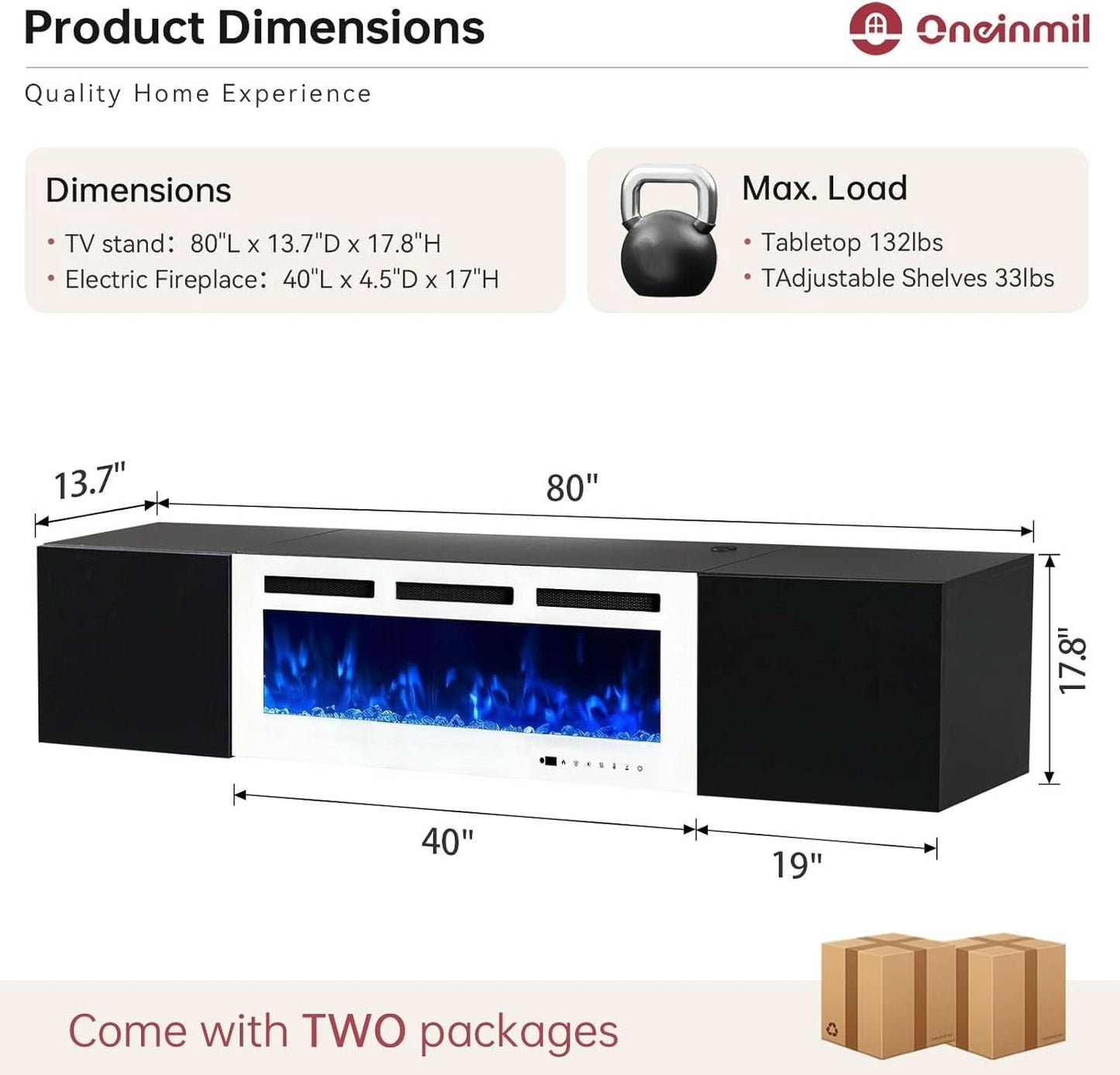 Black & White: Floating TV Entertainment Console With Fireplace (80")