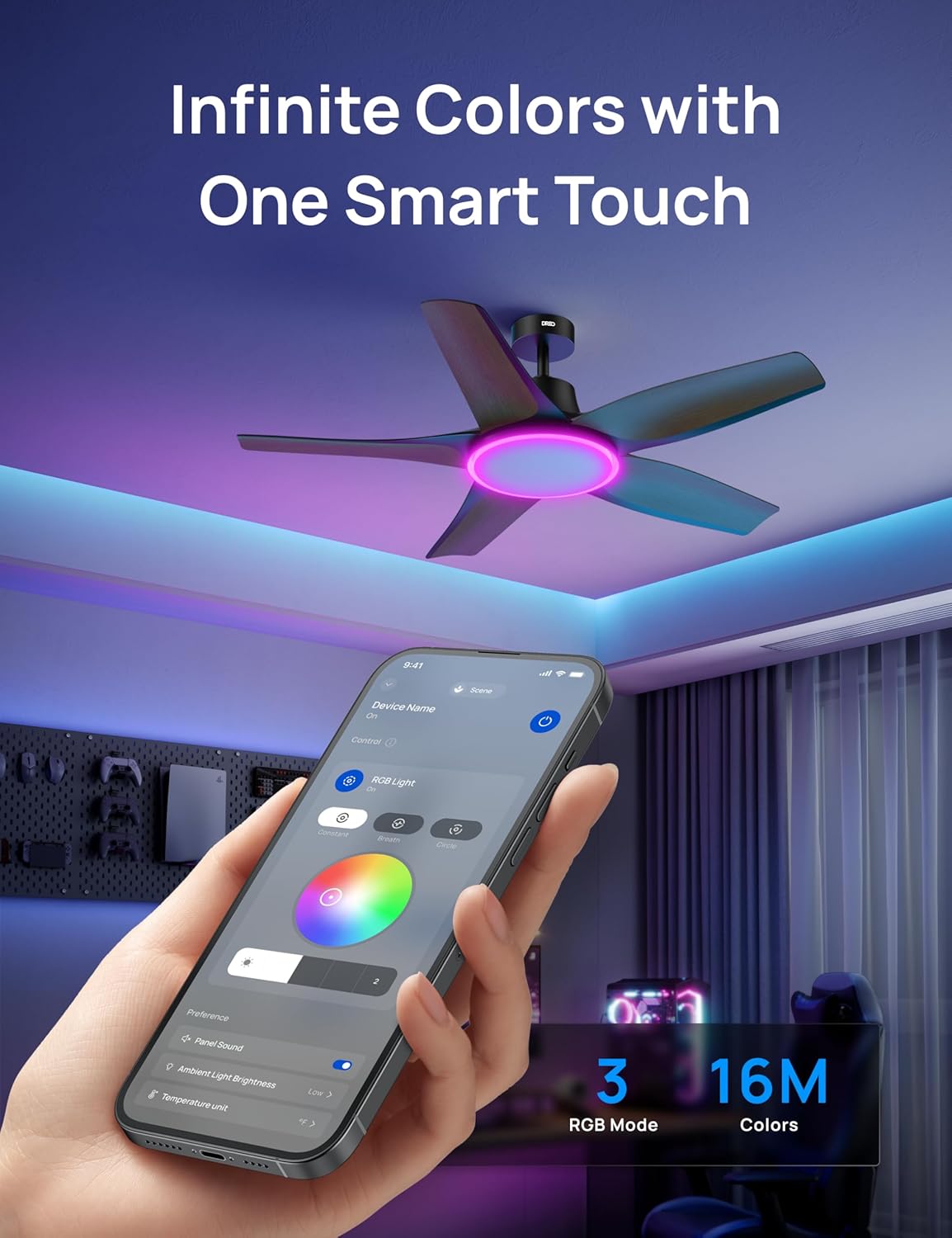 Transform Your Space with the Smart 52'' Low Profile Ceiling Fan - Alexa/App Controlled, Dimmable RGB Lighting for Ultimate Comfort and Style