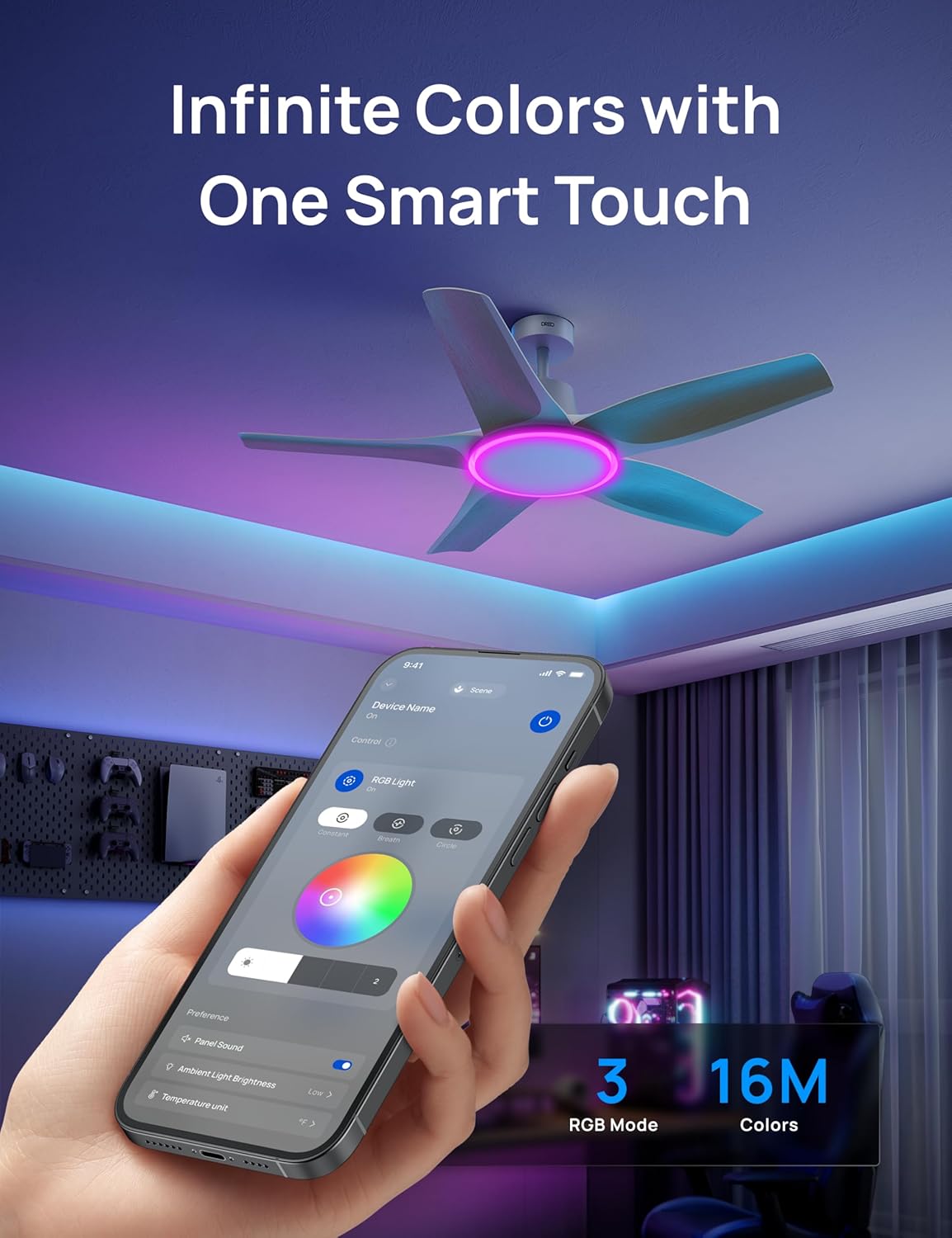 Transform Your Space with the Smart 52" Ceiling Fan - Alexa & App Controlled, Dimmable Lighting, RGB Ambiance for Every Room