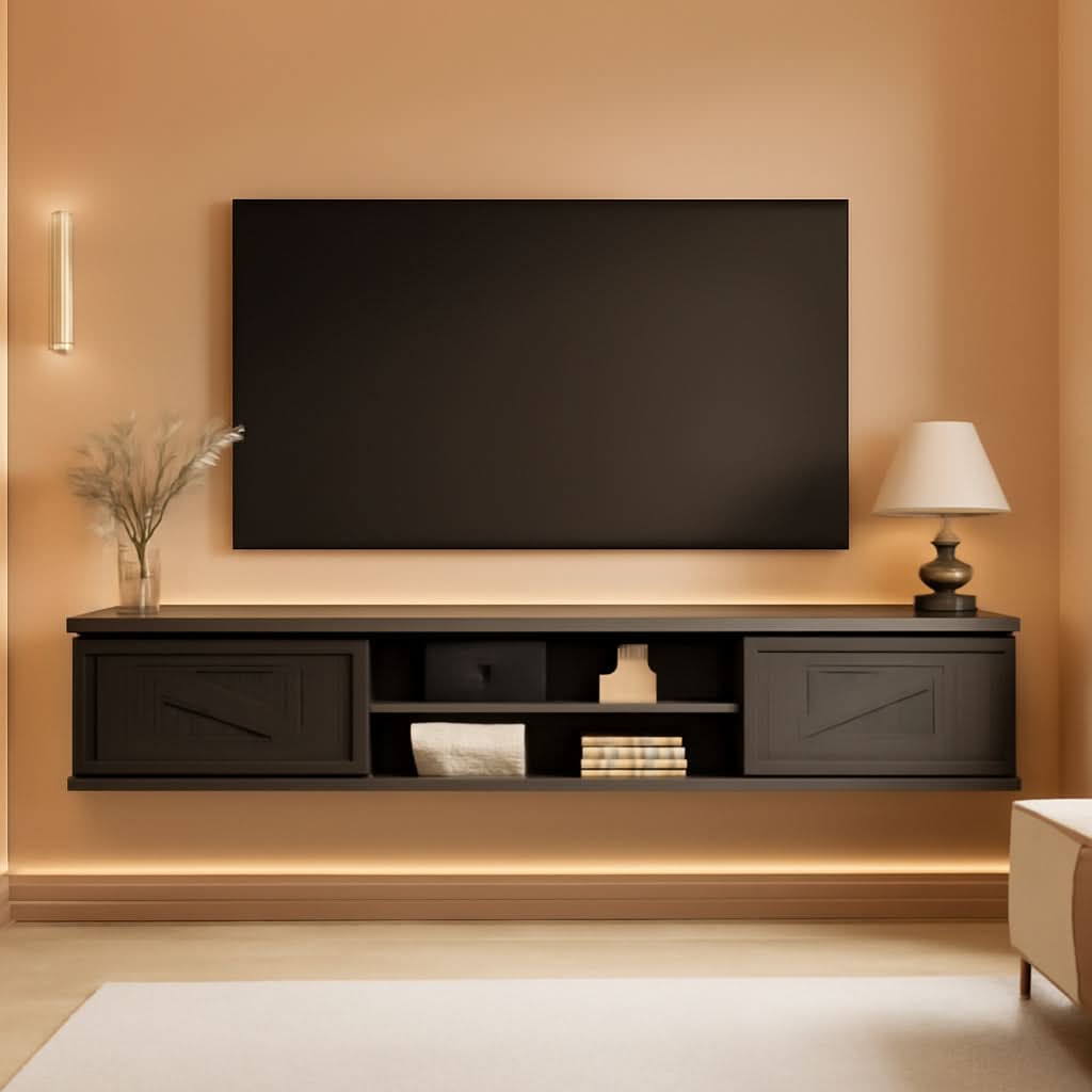 Floating TV Stand Featuring Doors Black (70")