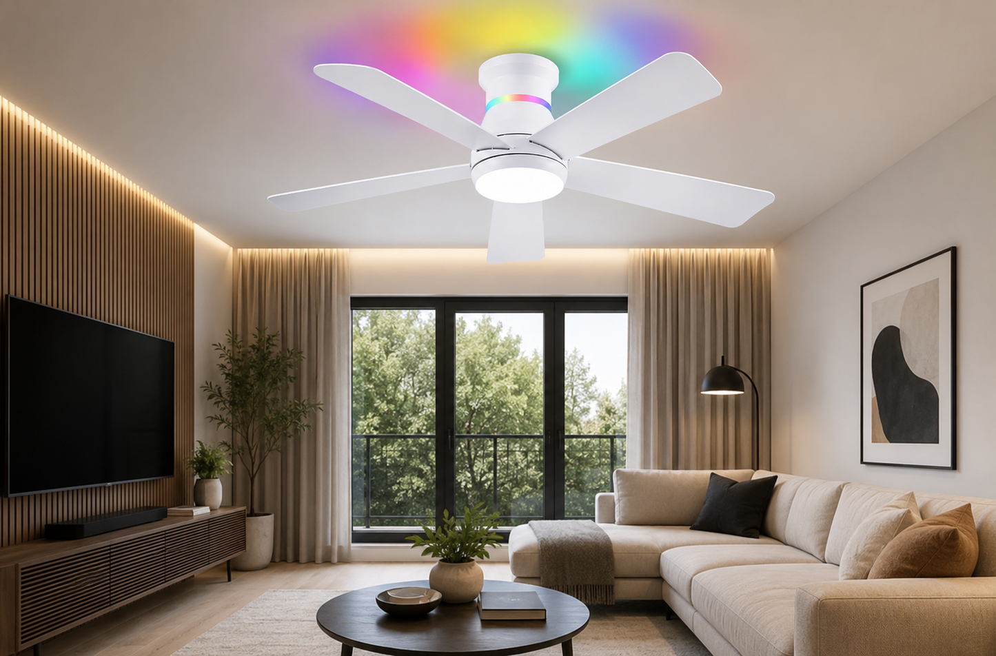 46Inch White Flush Mount Ceiling Fan RGB Lighting Pro