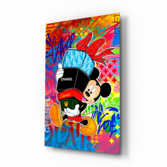 Mickey in the World of Brands Glass Wall Art || Designer Collection