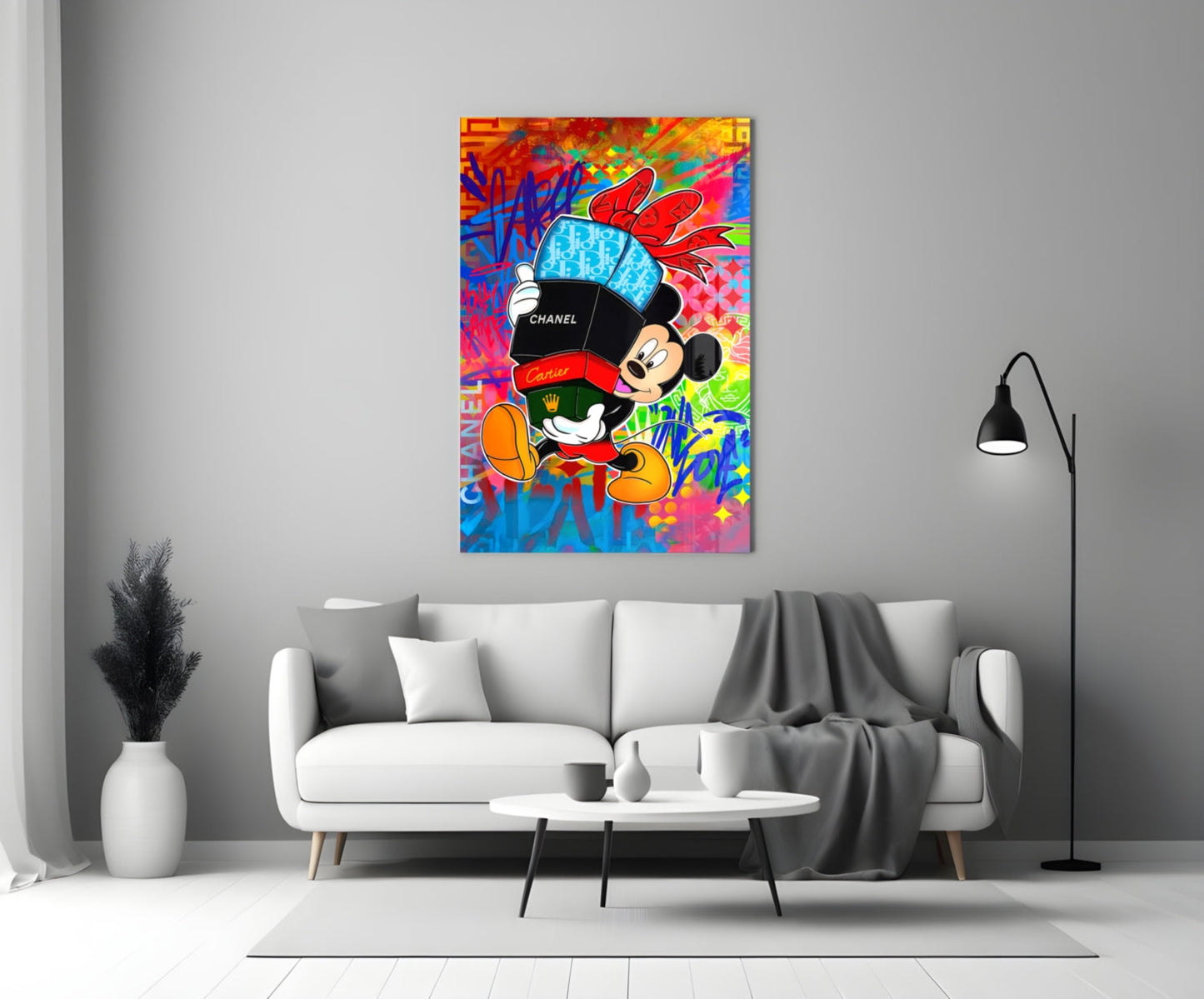Mickey in the World of Brands Glass Wall Art || Designer Collection
