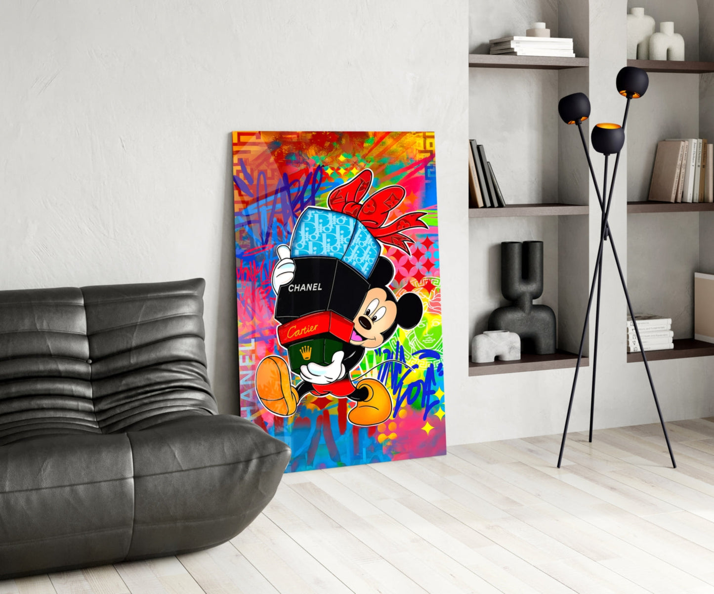 Mickey in the World of Brands Glass Wall Art || Designer Collection