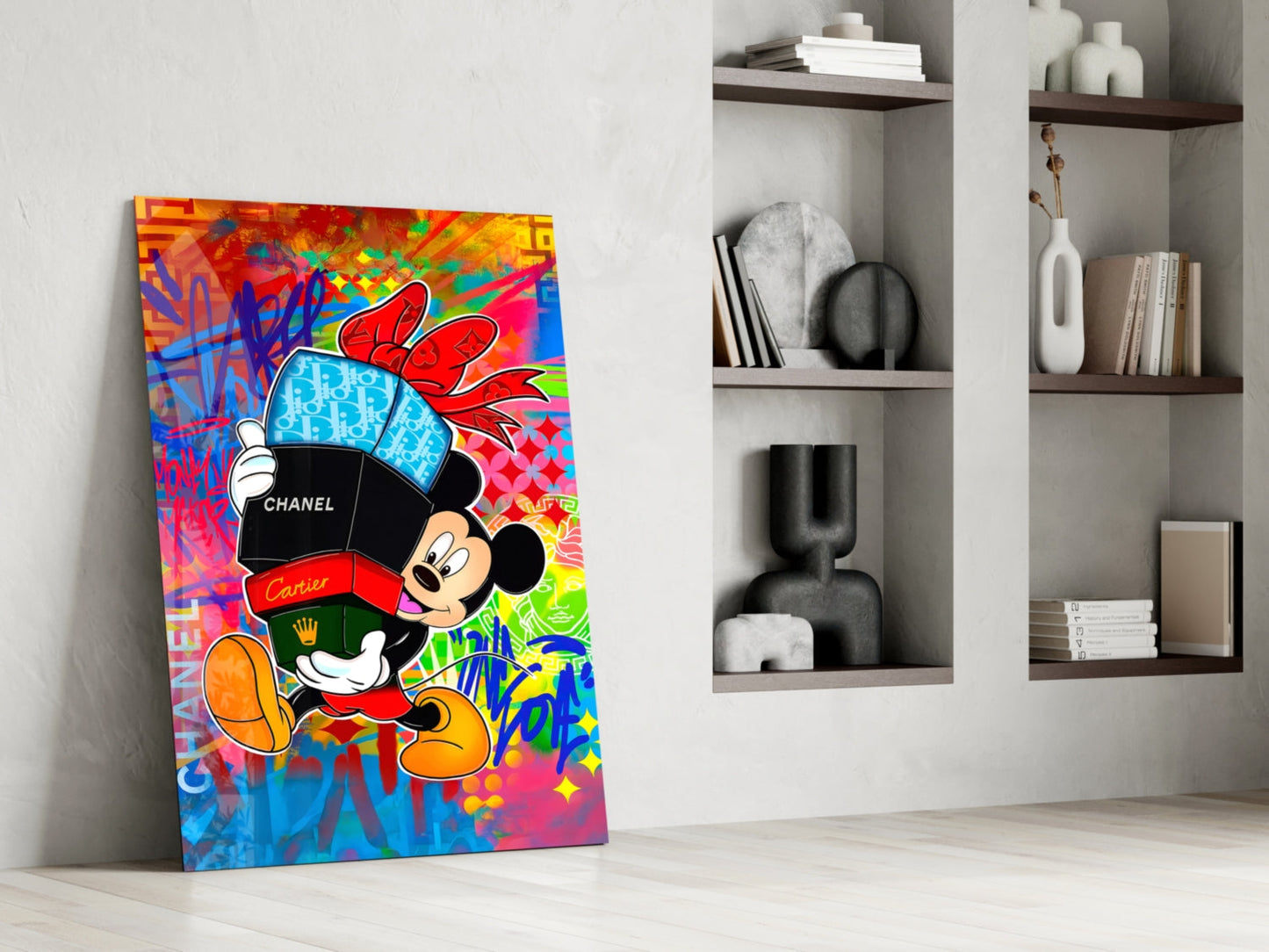 Mickey in the World of Brands Glass Wall Art || Designer Collection