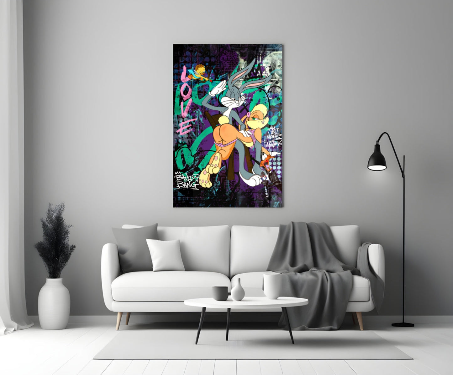 Bugs and Lola: The Graffiti Dance of Love Glass Wall Art || Designer Collection
