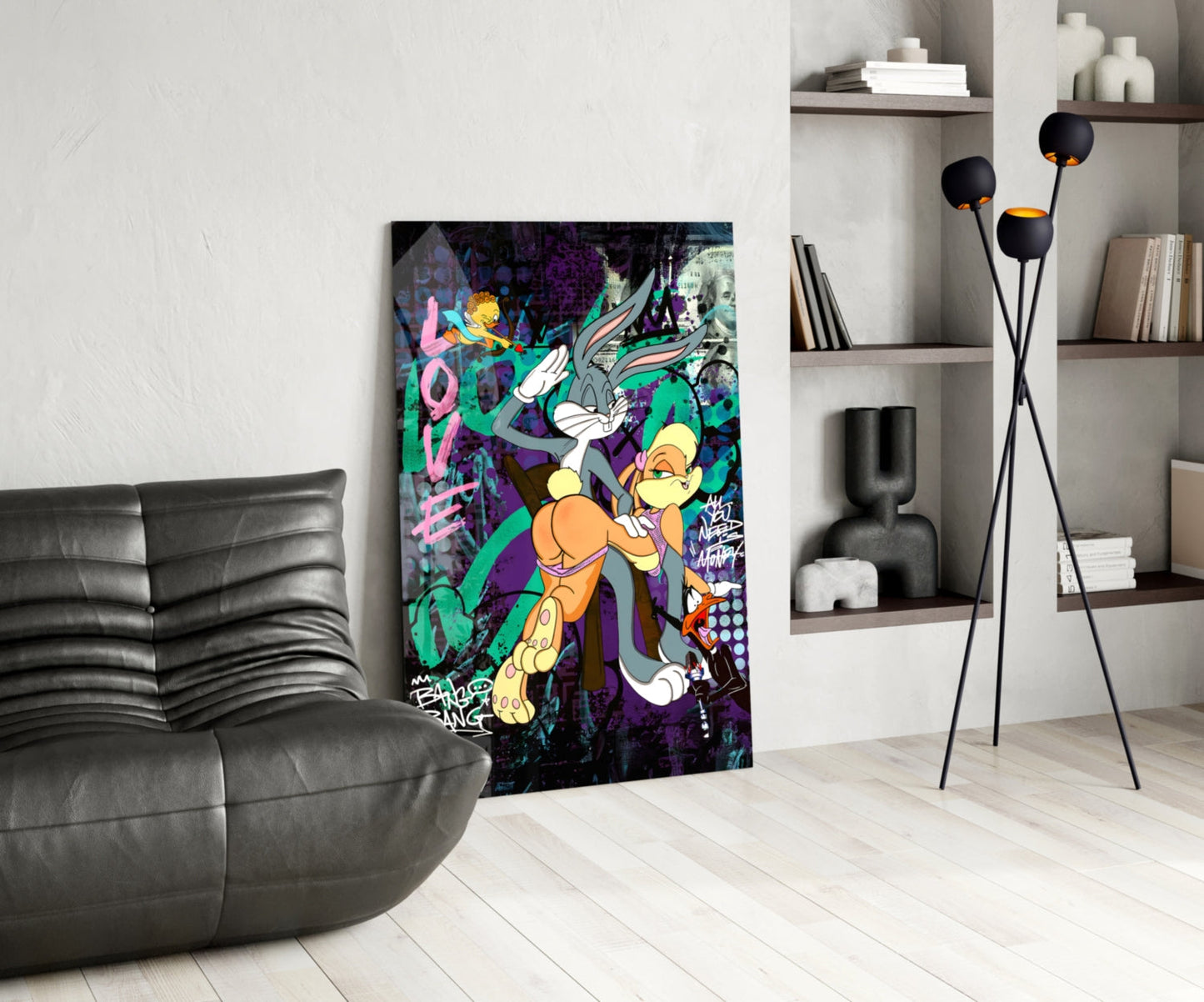 Bugs and Lola: The Graffiti Dance of Love Glass Wall Art || Designer Collection