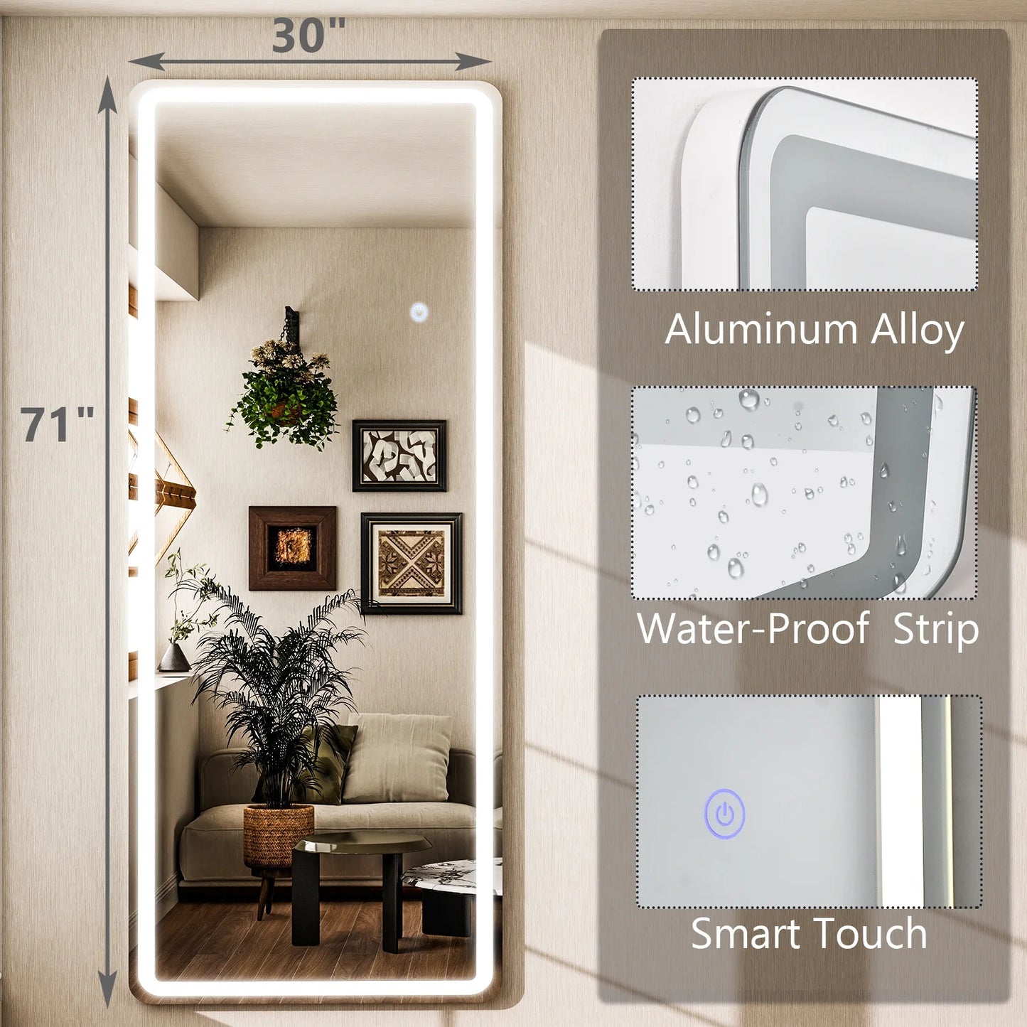 71"X 30" LED Rectangular Full Length Mirror Floor Standing Mirror with Safe Corners,White