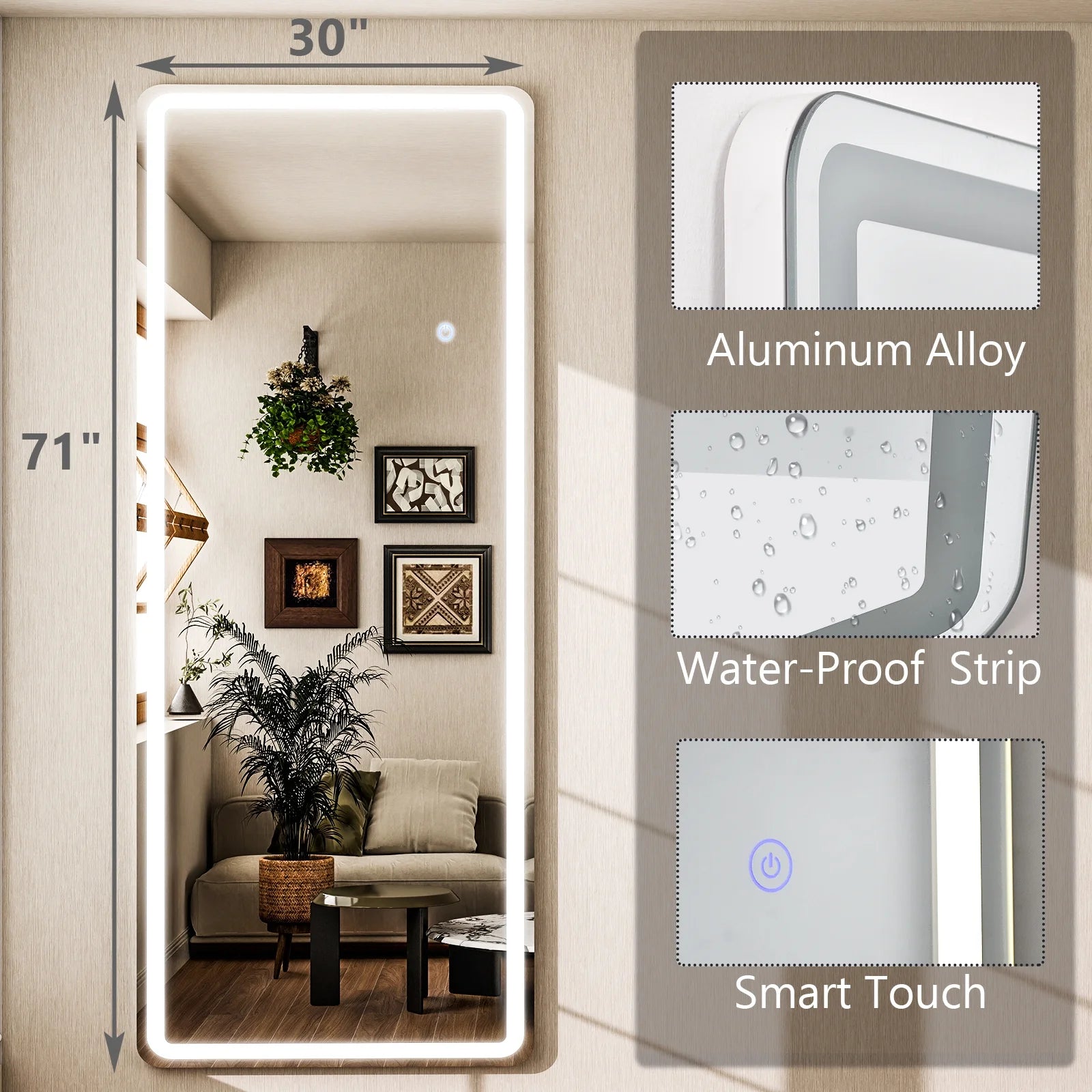 71"X 30" LED Rectangular Full Length Mirror Floor Standing Mirror with Safe Corners,White