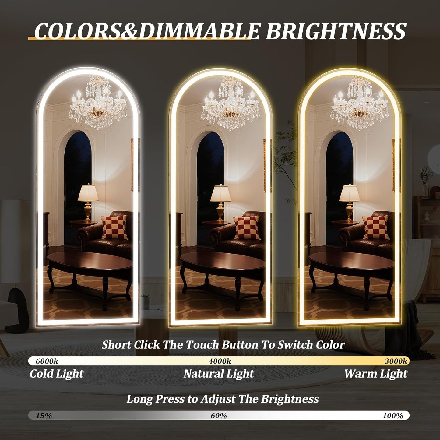 65Inch LED Arched Full Length Mirror Dimmable Lights