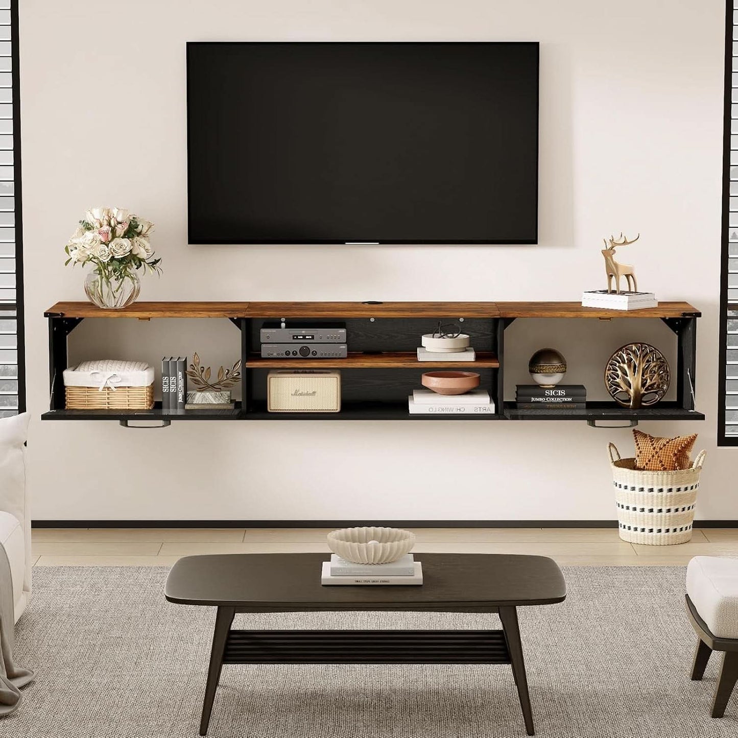 Floating TV Stand Featuring Doors Black (70")