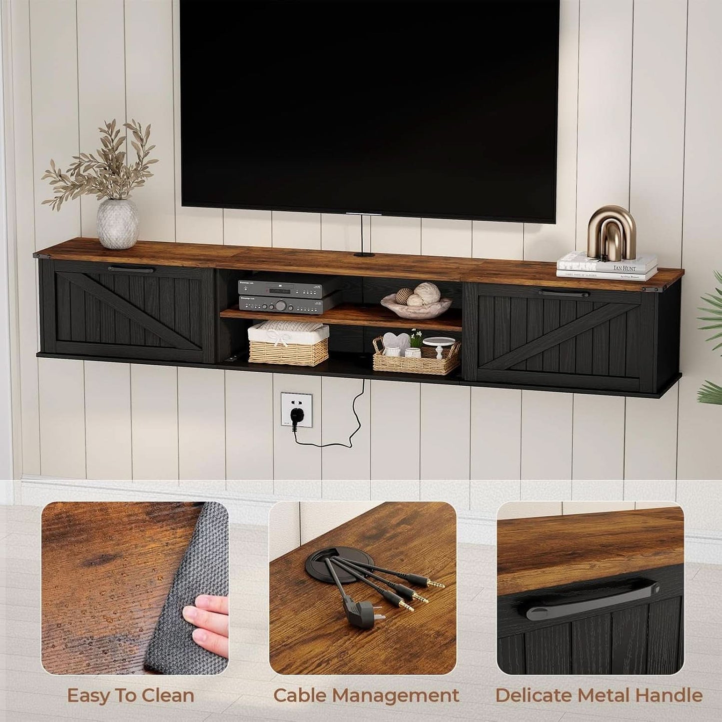 Floating TV Stand Featuring Doors Black (70")