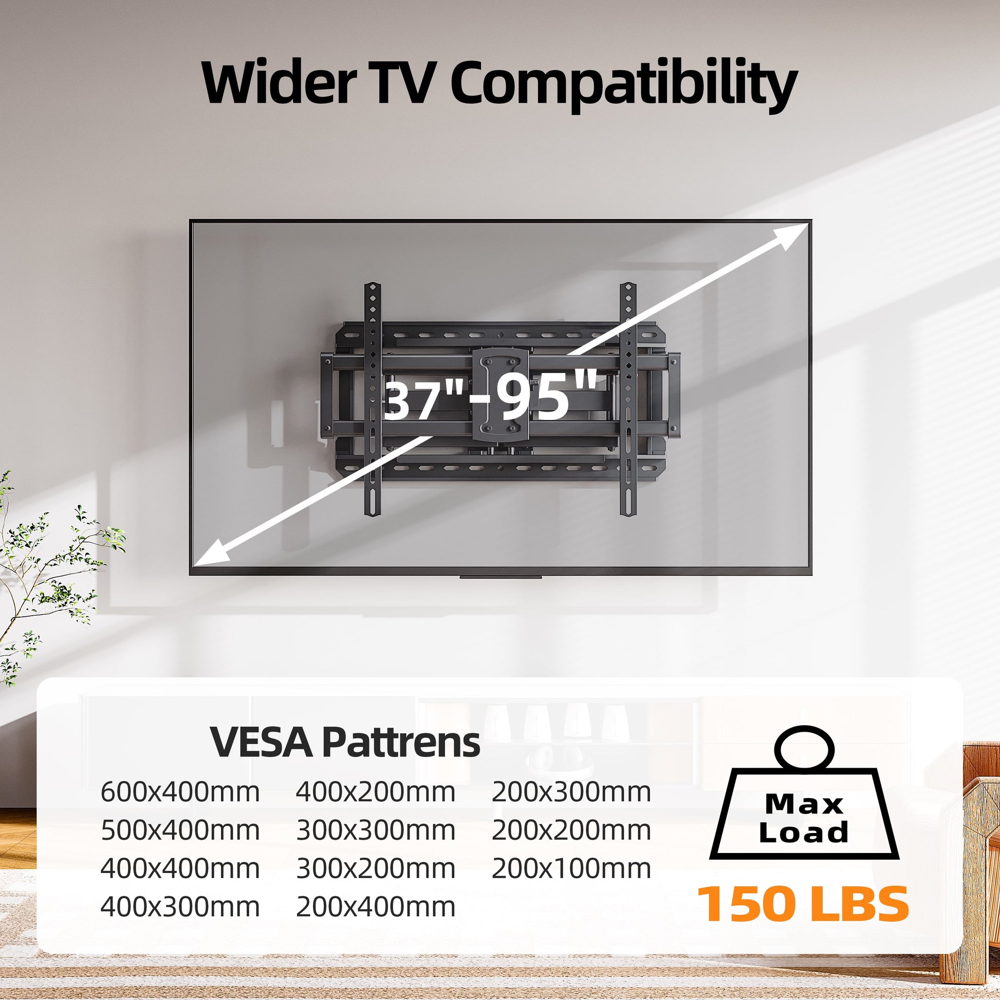 Full Motion TV Wall Mount for 37-95" Screens, Pre-Assembled with Swivel & Tilt, Max VESA 600X400Mm, 150 Lbs Capacity, Fits 24" Wood Studs