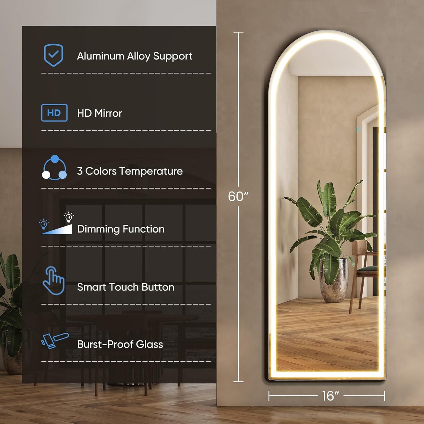 Arched Full Length Freestanding Mirror LED 20x63 Inches