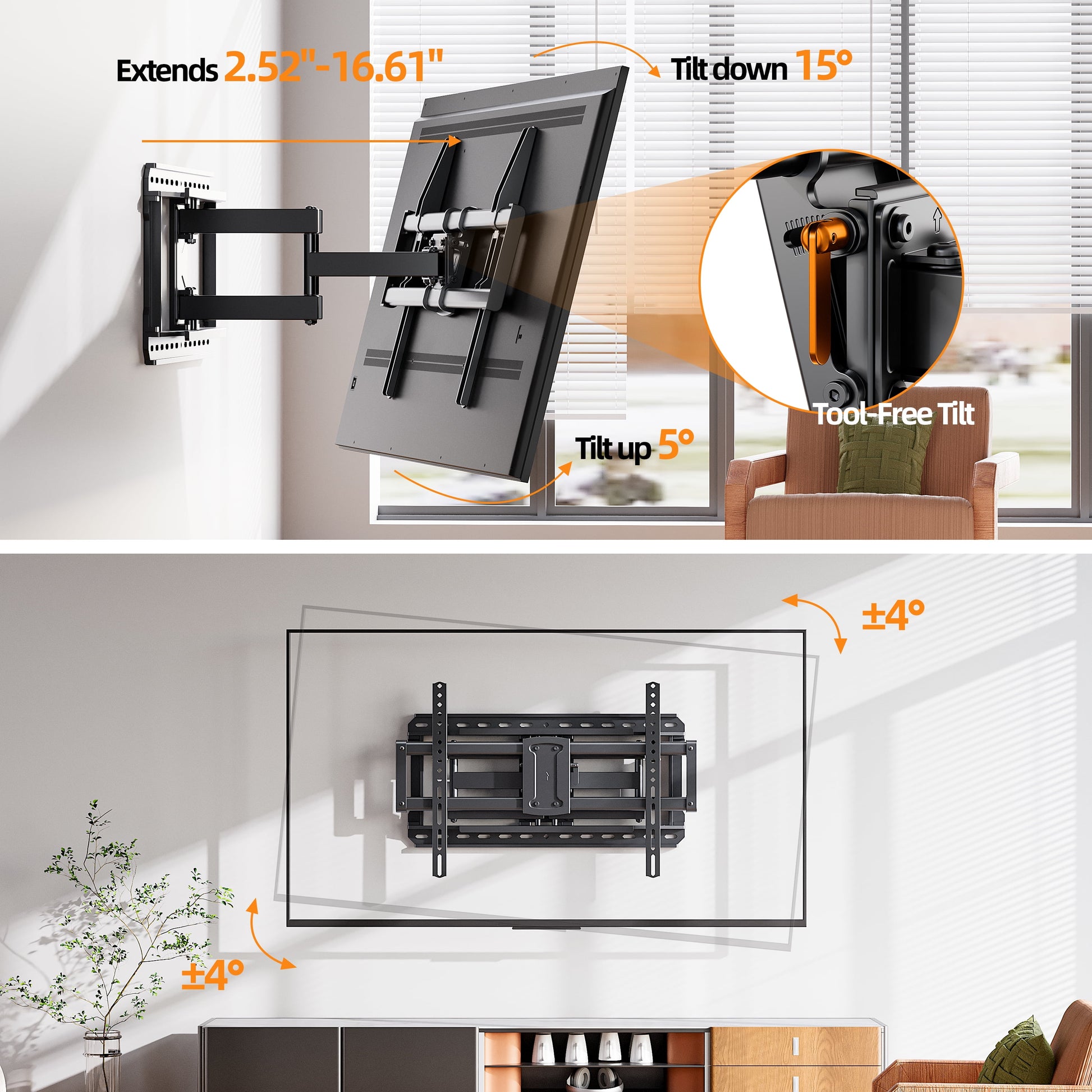 Full Motion TV Wall Mount for 37-95" Screens, Pre-Assembled with Swivel & Tilt, Max VESA 600X400Mm, 150 Lbs Capacity, Fits 24" Wood Studs
