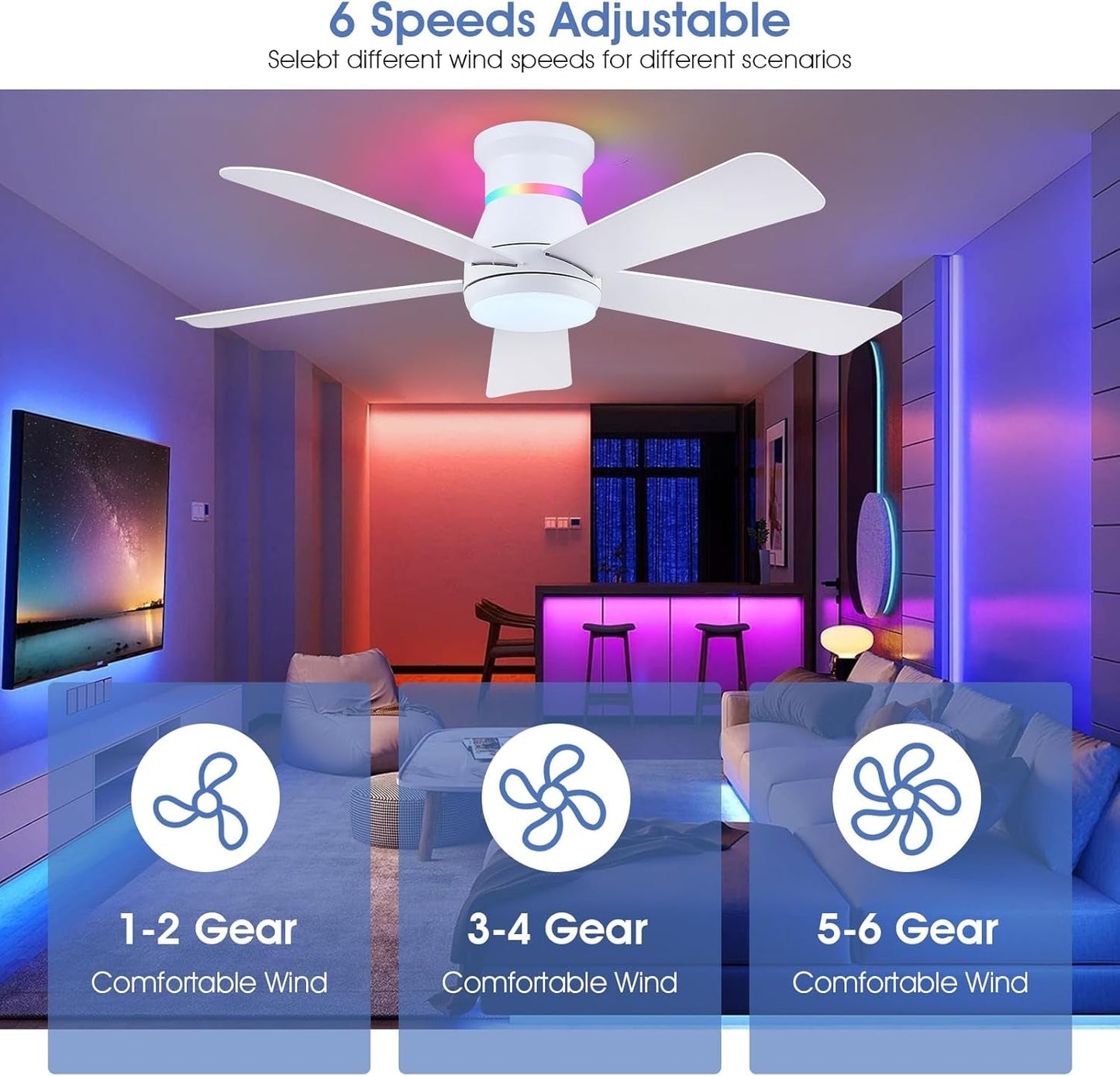 46Inch White Flush Mount Ceiling Fan RGB Lighting Pro