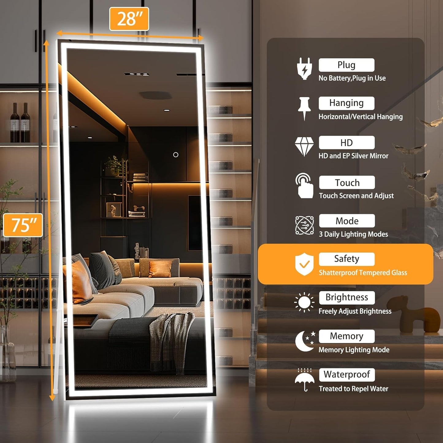 LED Full Length Floorstanding Mirror 75x28 Tempered